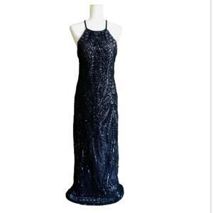 Nightway Gown Dress Navy Blue Mesh Sequins Halter Criss Criss Back Sheath Size 8